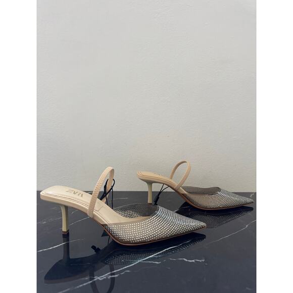 Zara Rhinestone Mesh Slingback Kitten Heels - Picture 7 of 13